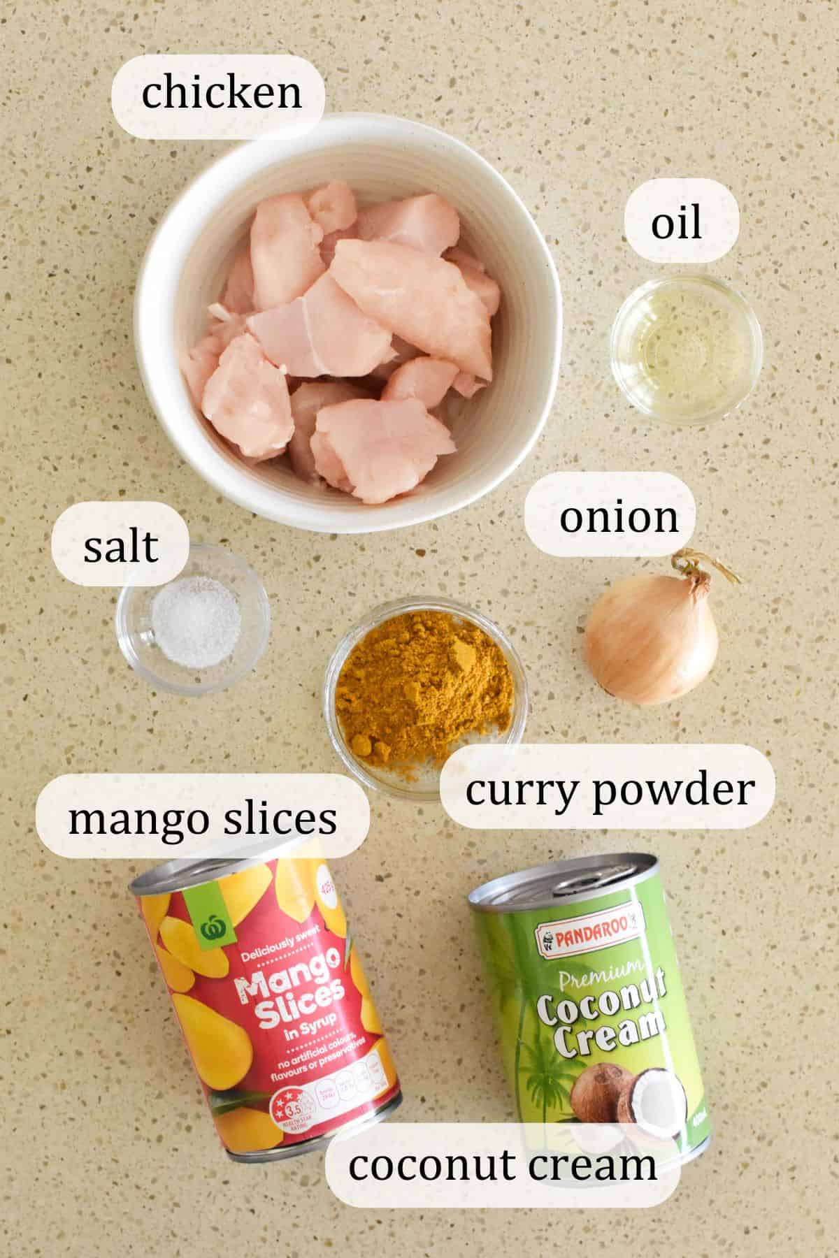 Ingredients for Curried Mango Chicken.