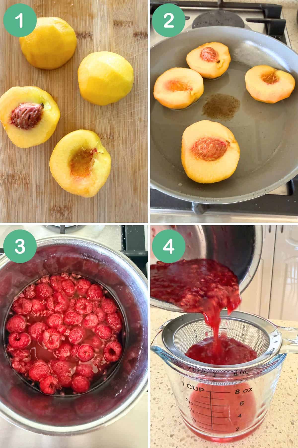 Collage showing steps involved in making Peach Melba.