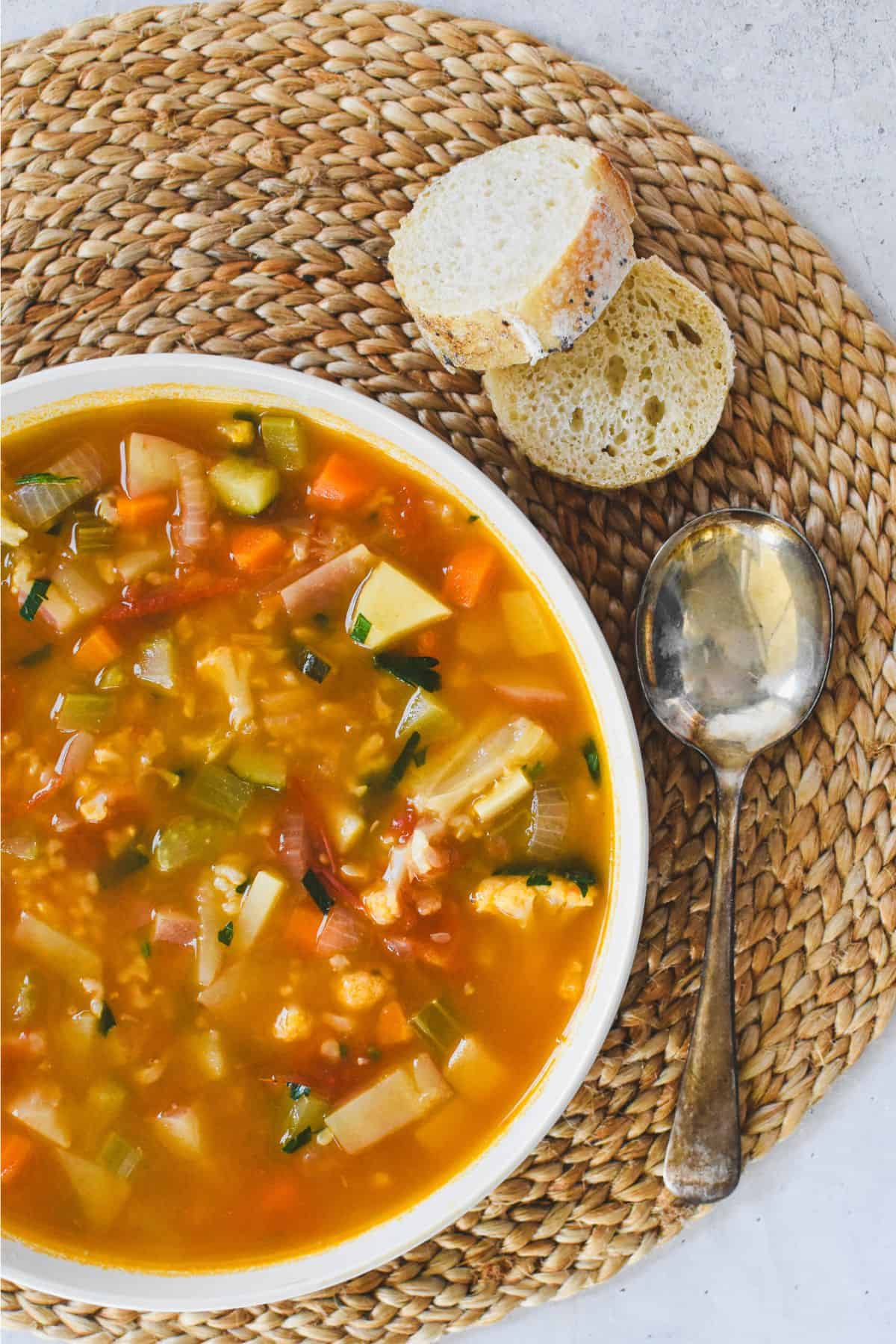 Old Fashioned vegetable soup in bowl.