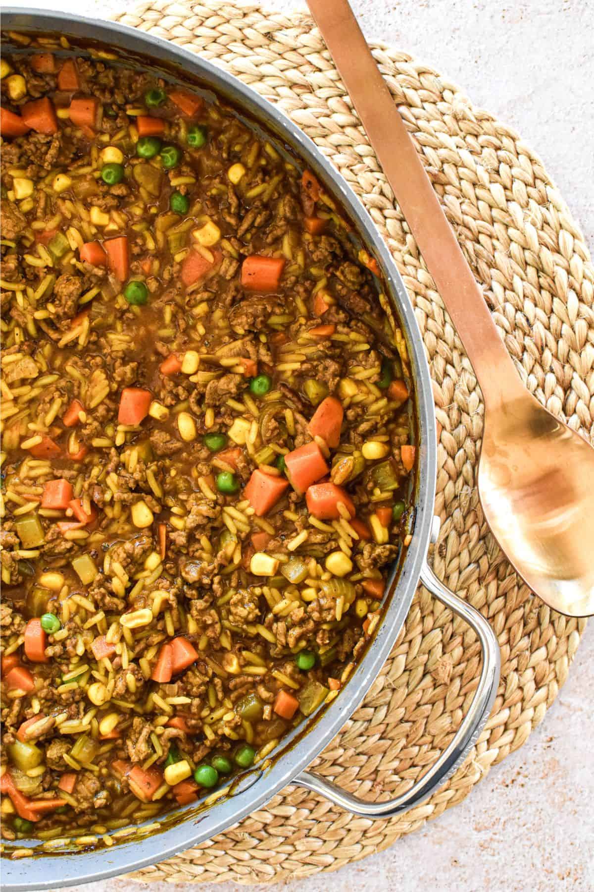 Curried Mince in frying pan.