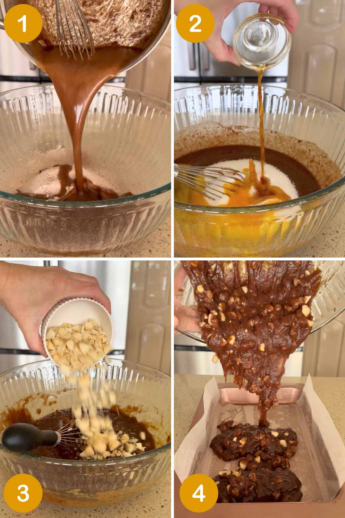 Collage showing how to make Chocolate Macadamia Brownies.