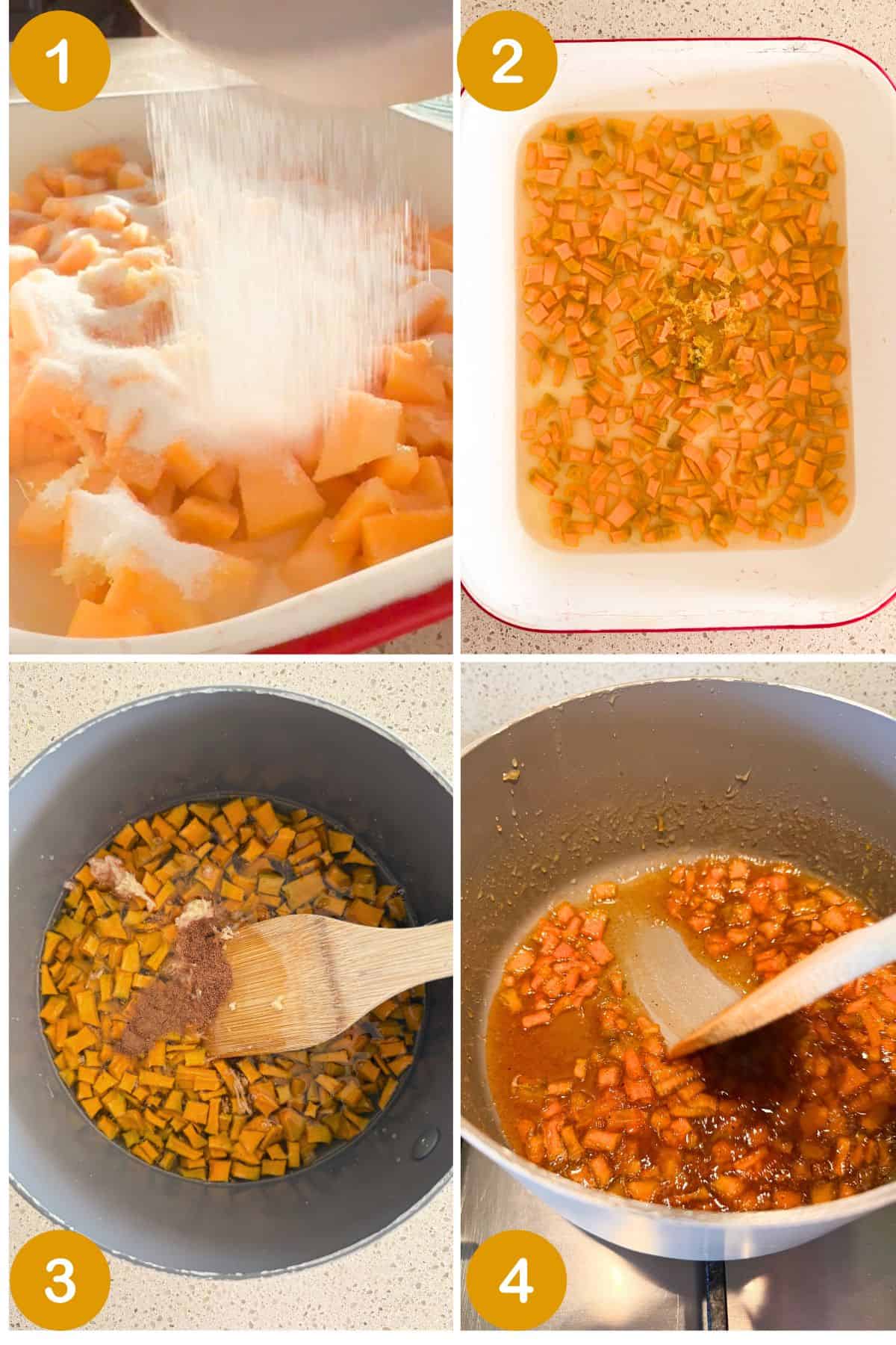 Steps in aking Pumpkin Jam. A collage featuring 4 key steps in the process.