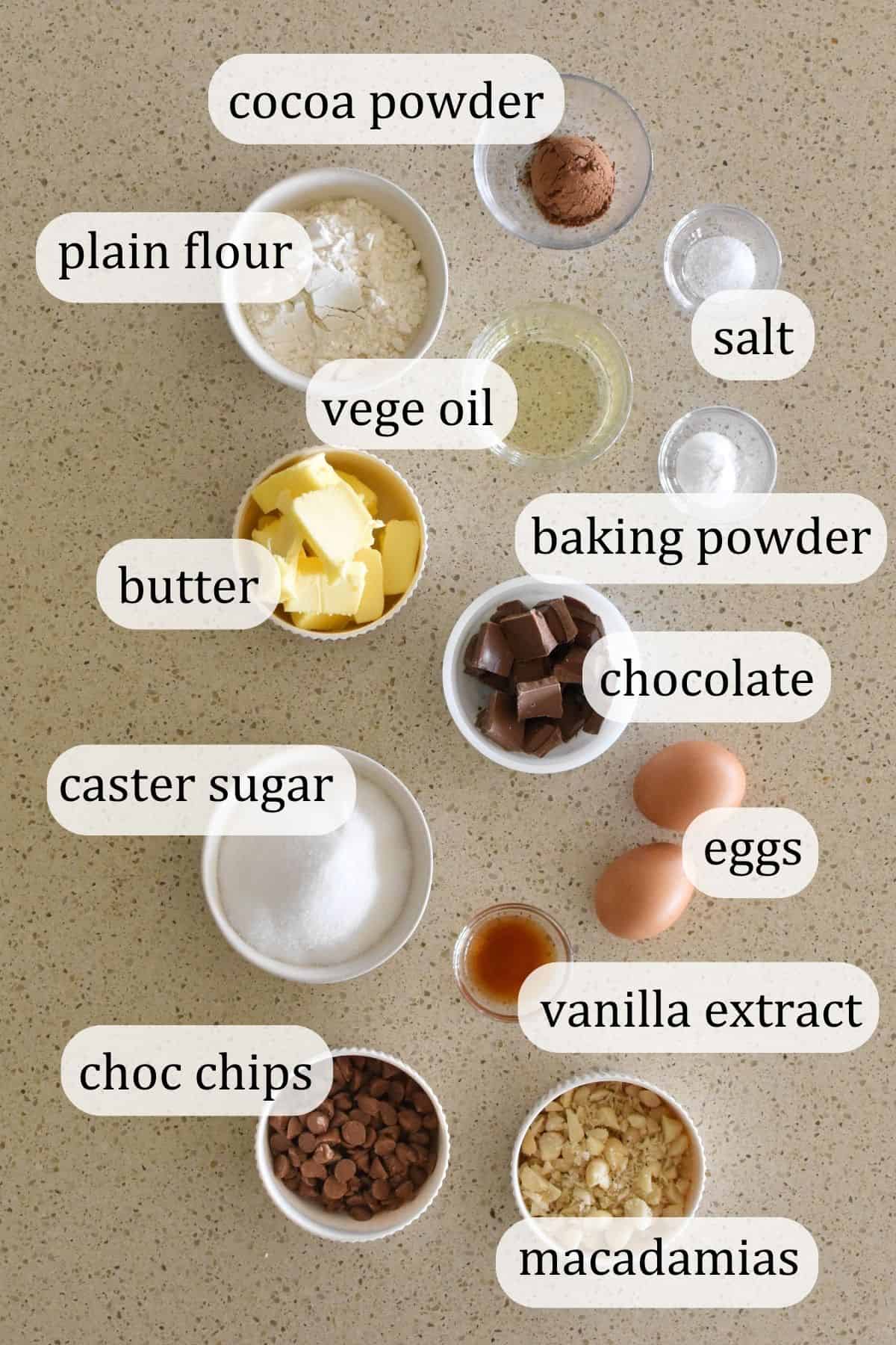 Ingredients for Choc Macadamia Brownies.
