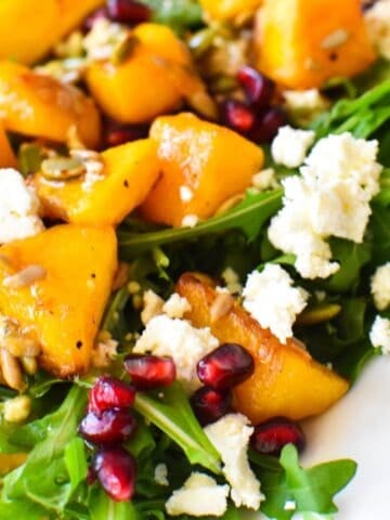 Pumpkin Salad with roast pumpkin, fetta, rocket and pomegranare.