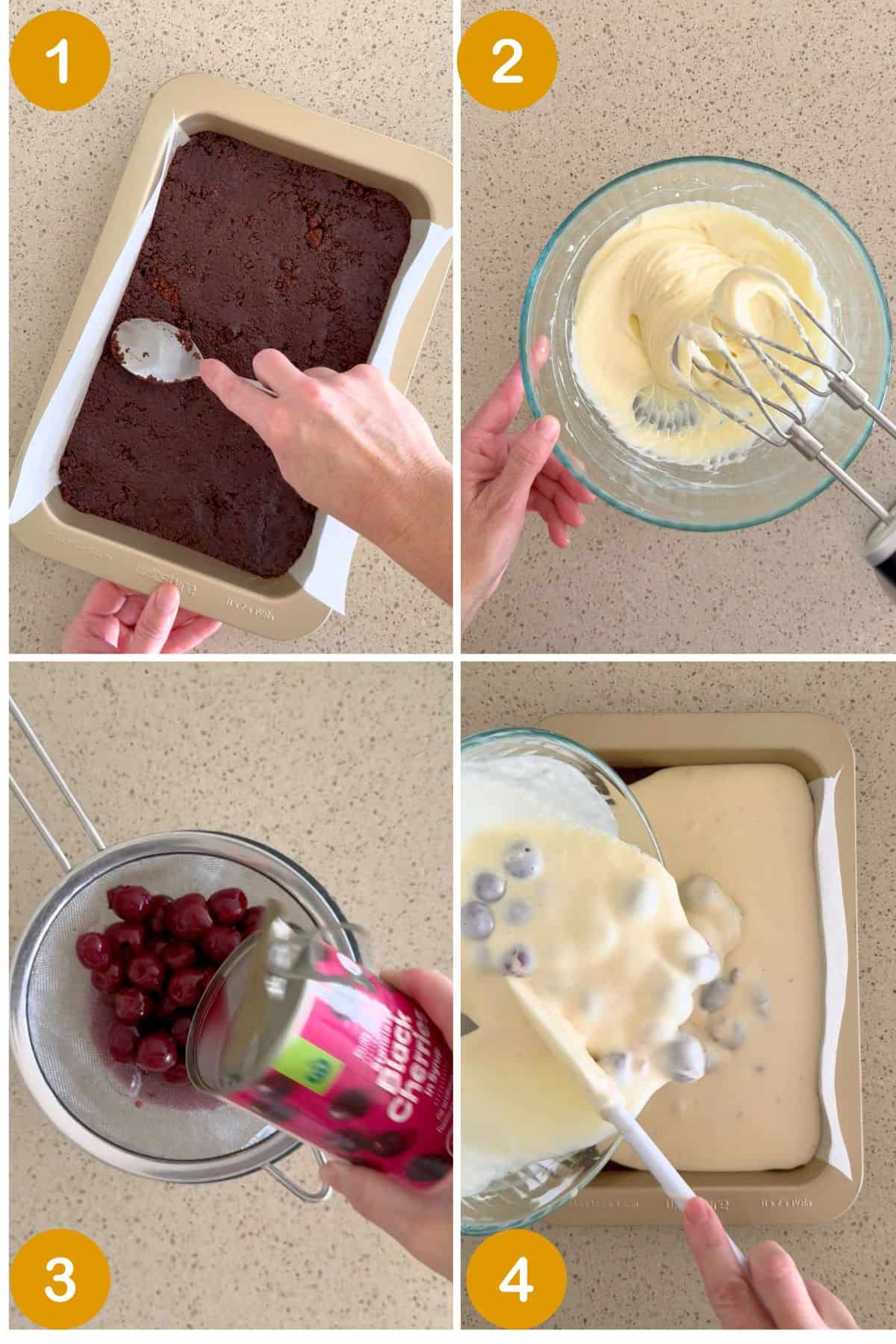 Collage showing biscuit base and cheesecake filling steps.