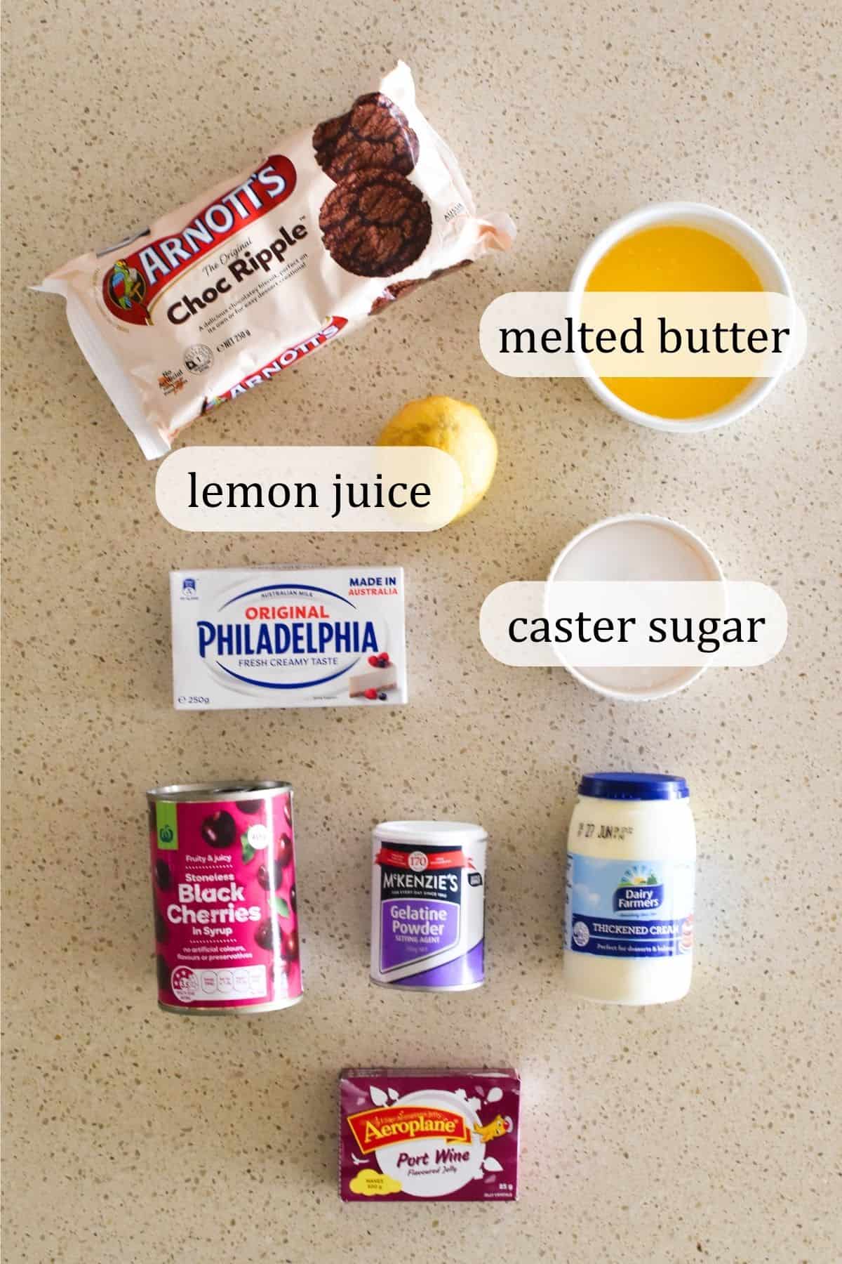 Ingredients for cherry cheesecake slice.