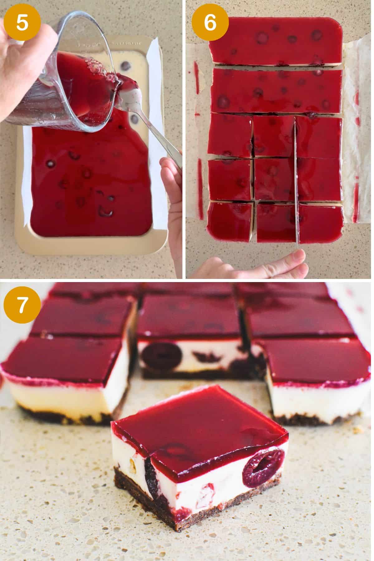 Collage showing jelly topping steps.