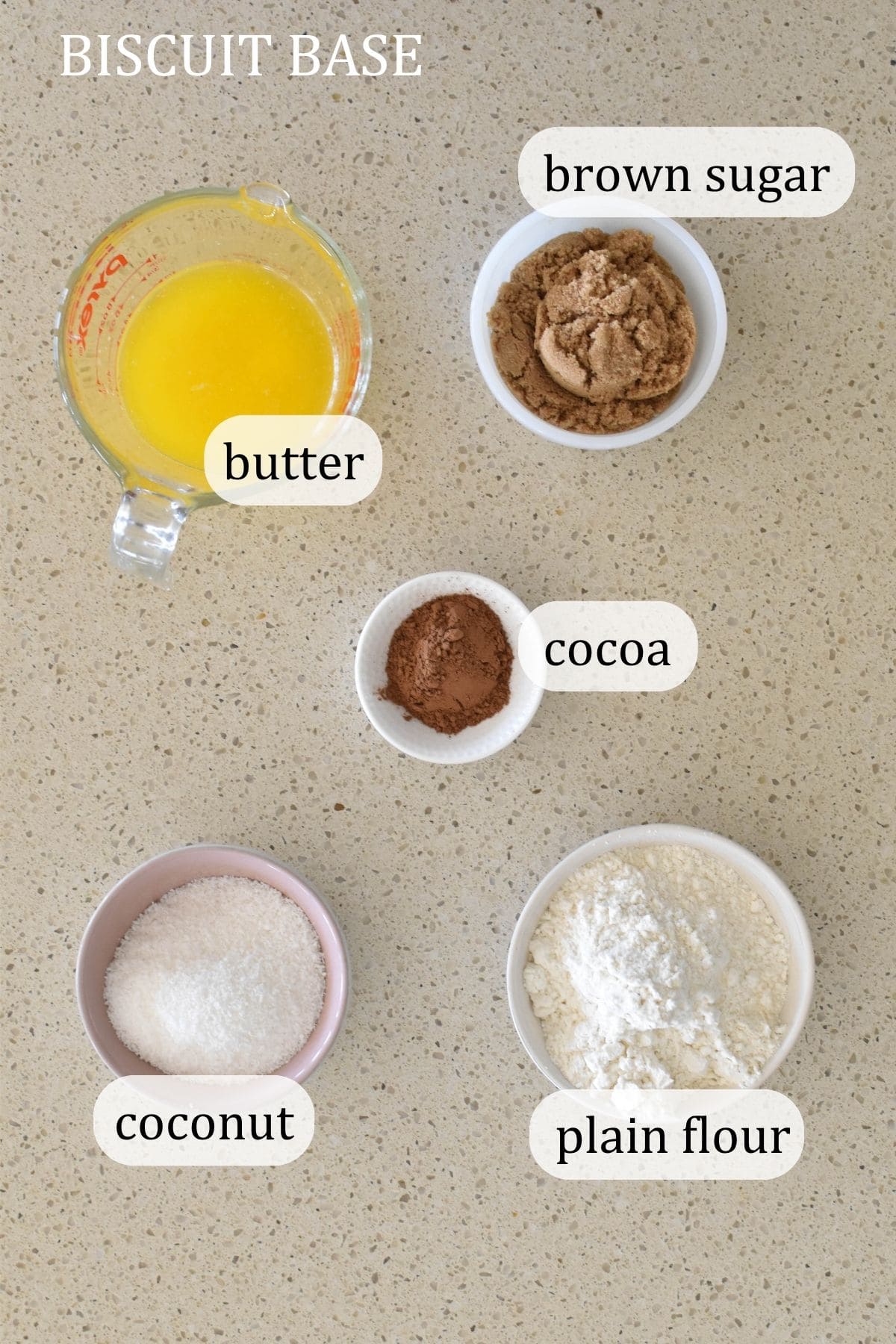 Ingredients for chocolate biscuit base.