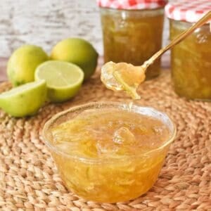 Lime Marmalade in glass serving dish.