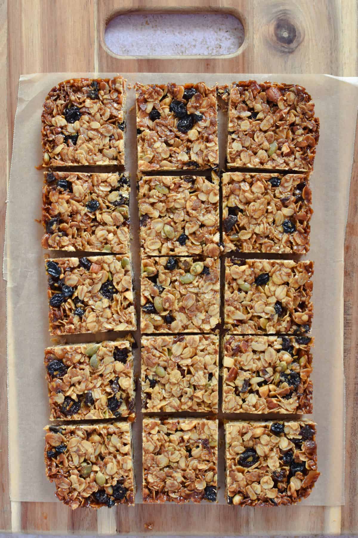 Flapjacks 9Oat Slice) on wooden serving board.