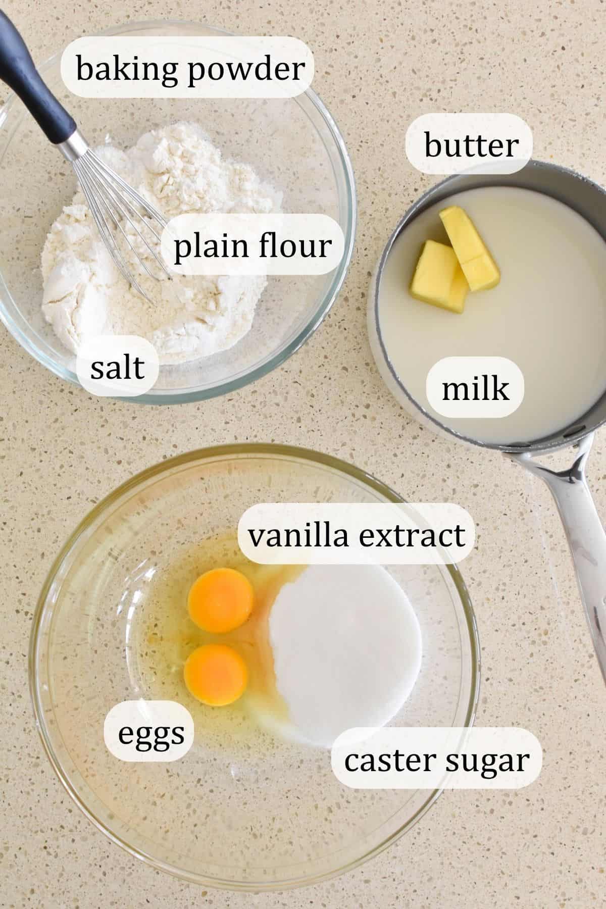 Ingredients for hot milk cake.
