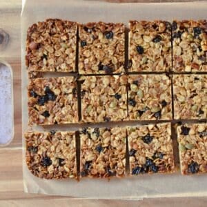 Flapjacks on wooden board.