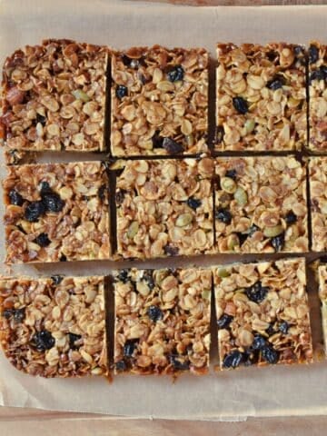 Flapjacks on wooden board.