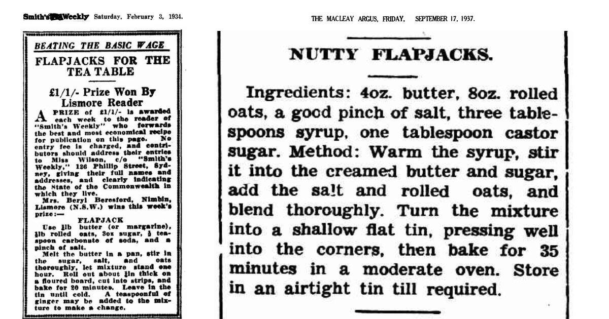 Early examples of flapjacks recipes in Australian newspapers.